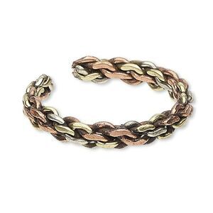 Hand Crafted India Antiqued Brass and Copper Mixed Metal Braided Adjustable Ring
